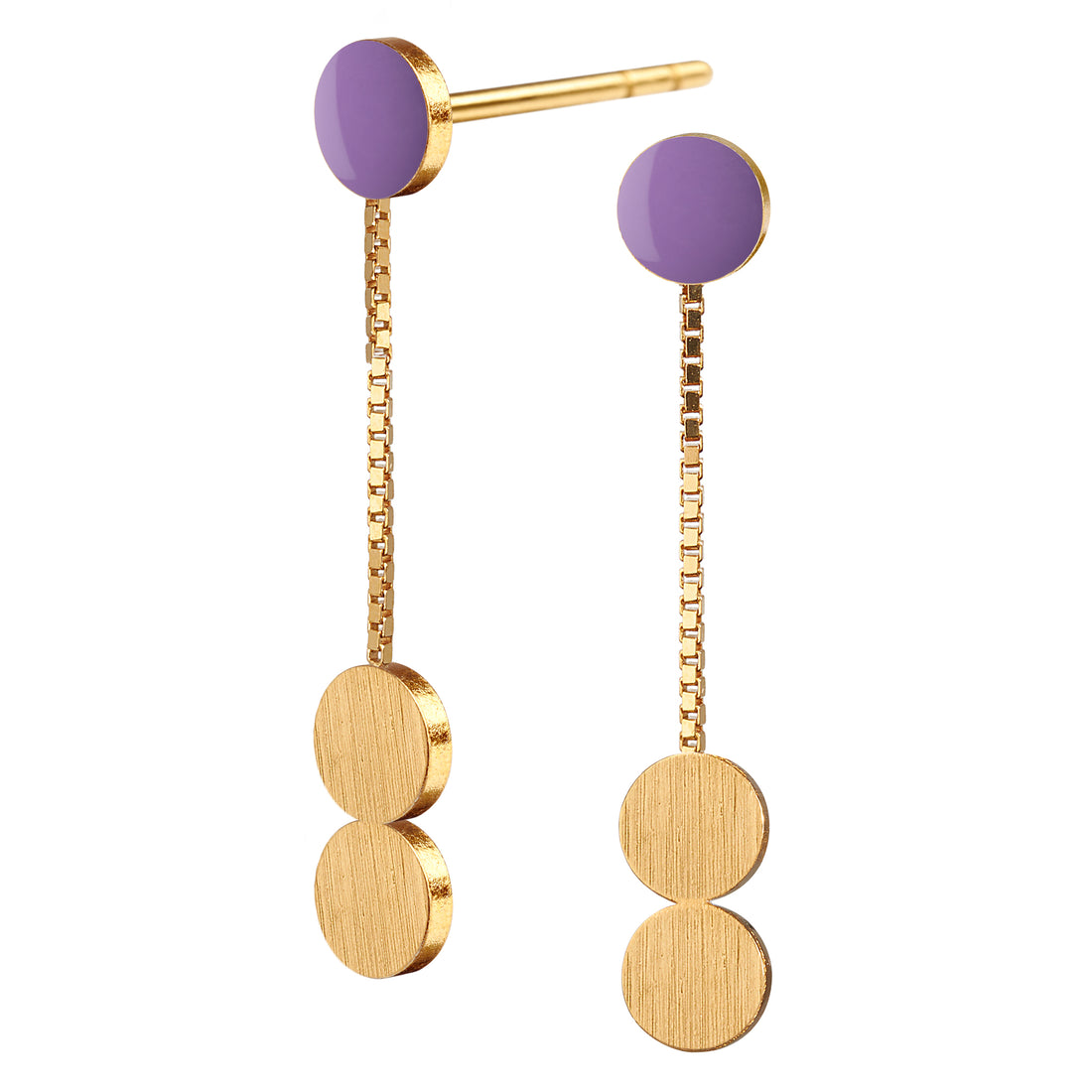 Tiny SPOT ørestik med dotty vedhæng i lang kæde. Glansfuld emaljelak i skøn lilla. Stilren, elegant og iøjnefaldende.  Forgyldt sterling sølv Mål: 4 x 24 mm  Pris pr. par: 399 DKK