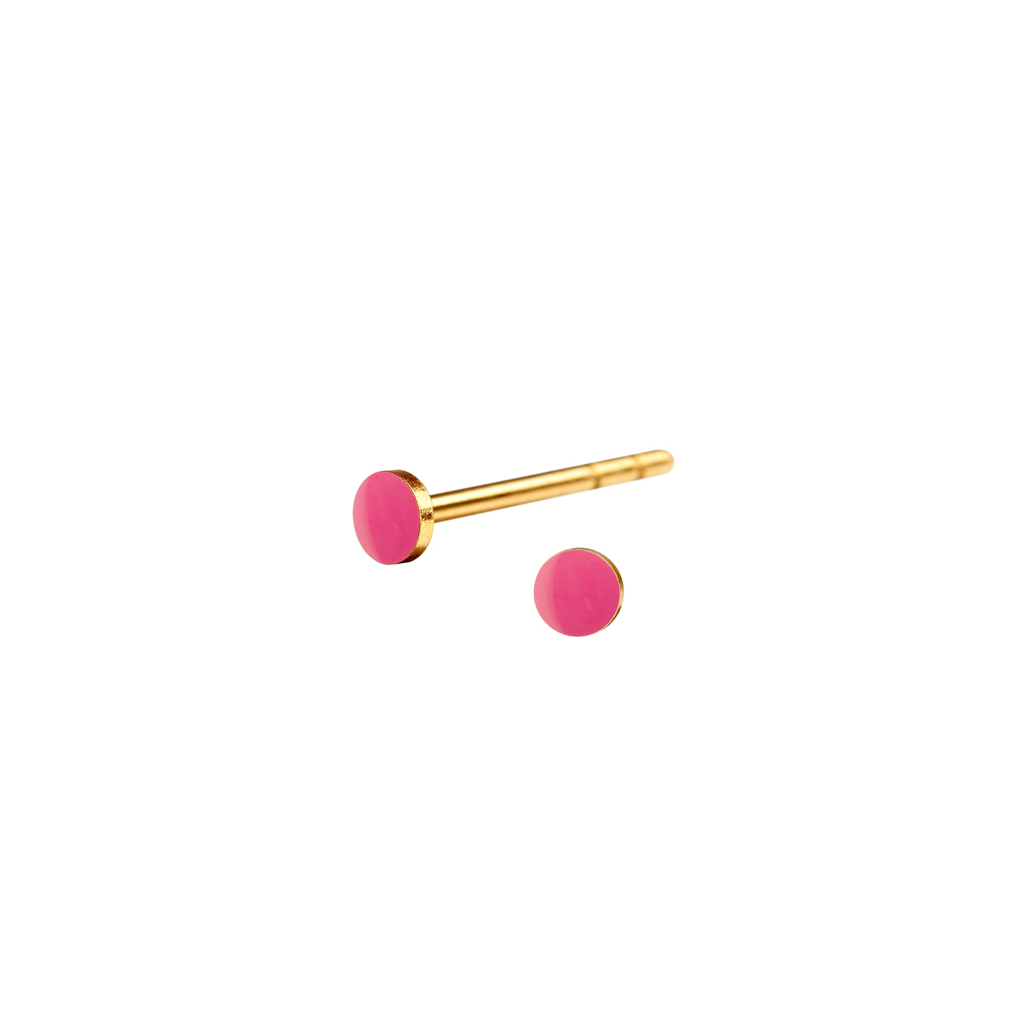 Fin mini SPOT ørestik med emaljelak i flot pink. Klassisk og enkel. Perfekt til at mixe med andre ørestikkere.  Forgyldt sterling sølv Dia. 2,5 mm  Pris pr. par: 349 DKK
